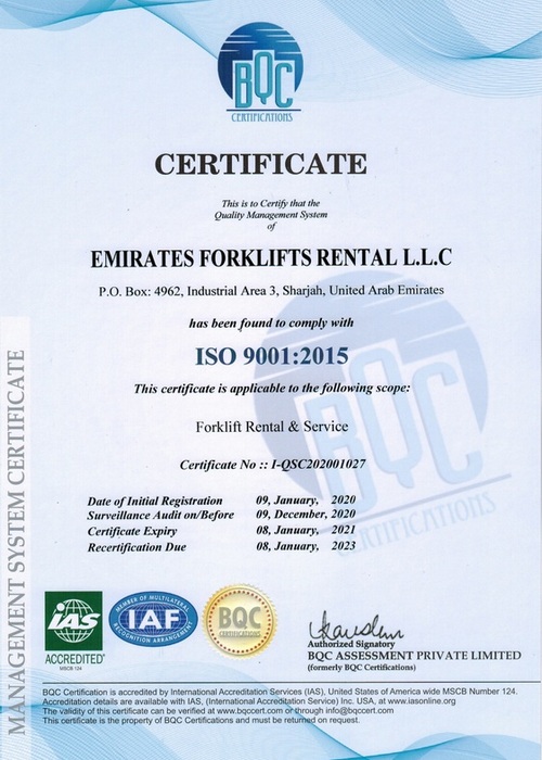 EFR ISO certificate Emirates Forklifts EFR ISO certificate